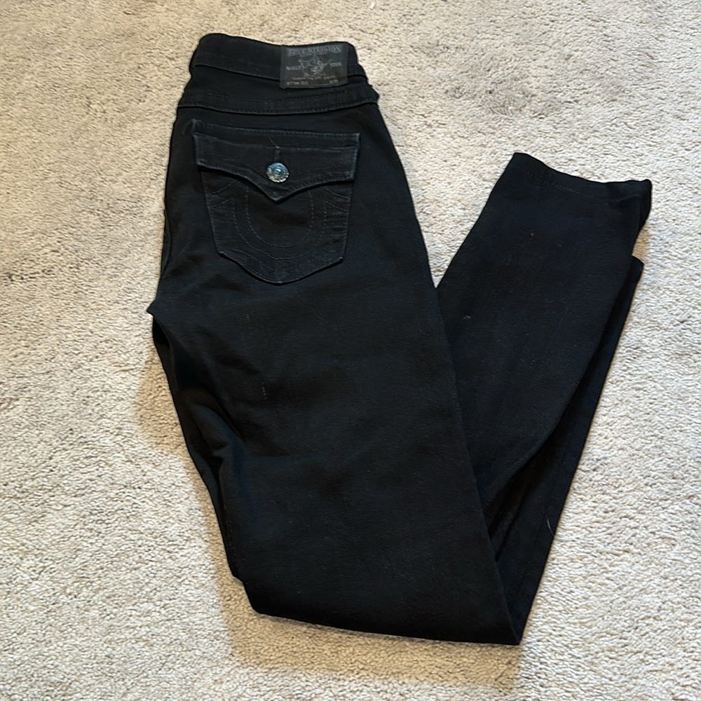 Black true religion jeans, low rise boot cut